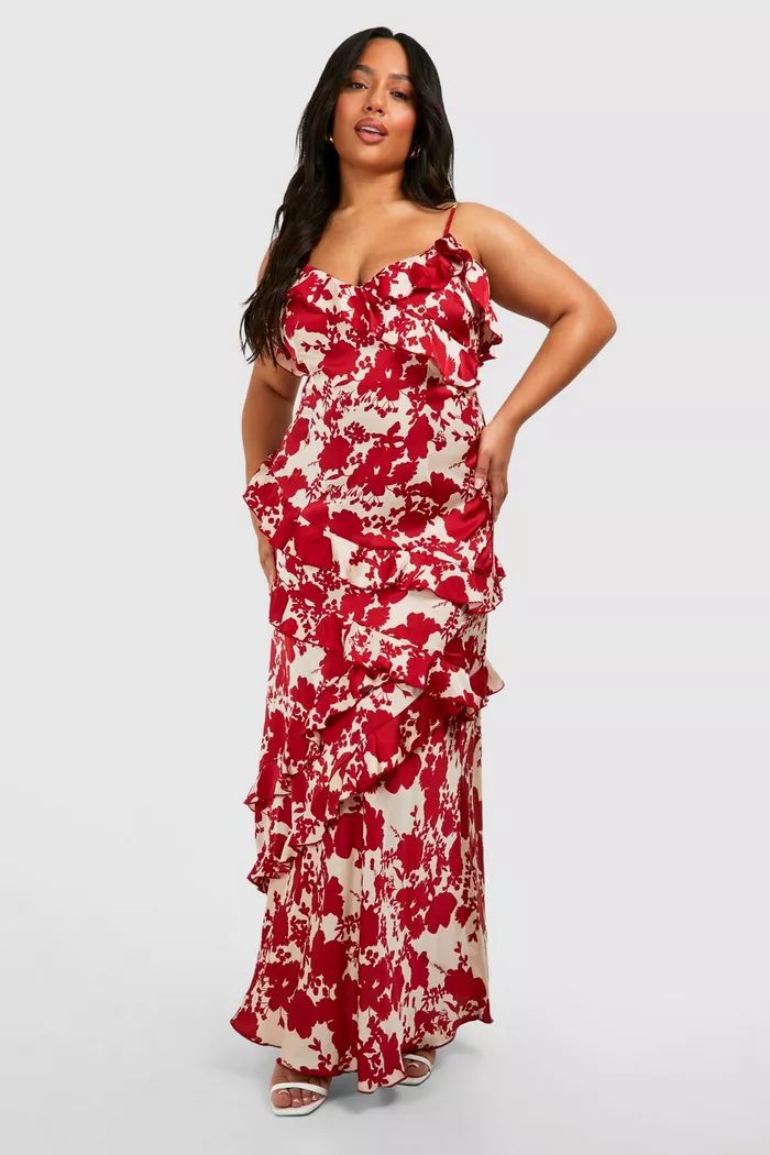 Plus Satin Floral Ruffle Slip Maxi Dress | boohoo (US & Canada)