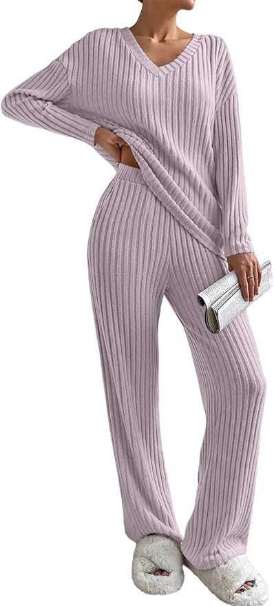 SHEWIN Women's Pajama Sets Long Sleeve 2 Piece Lounge Sets Ribbed Knit Sweater Sleepwear | Amazon (US)