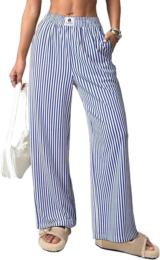 EVALESS Women's Striped Pants Spring Summer 2026 Comfy Pajama Pants High Waist Wide Leg Lounge Pa... | Amazon (US)