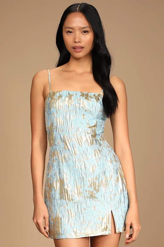 Sweetest Sensation Light Blue and Gold Jacquard Mini Dress | Lulus (US)