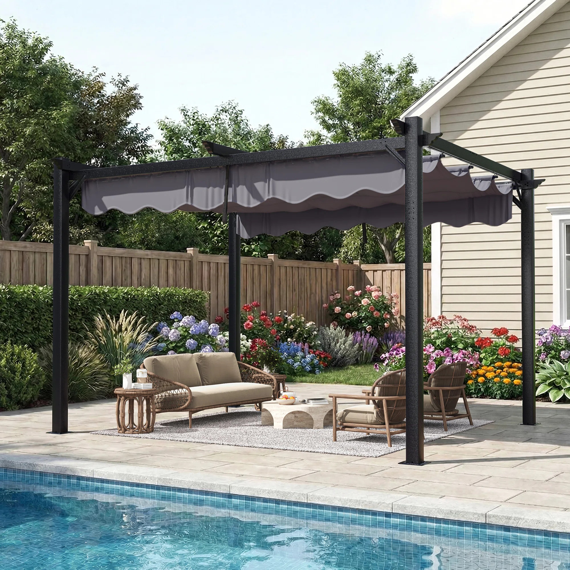 12 ft. W x 10 ft. D Outdoor Aluminum Pergola with Retractable Canopy and Anchoring Stand | Wayfair North America