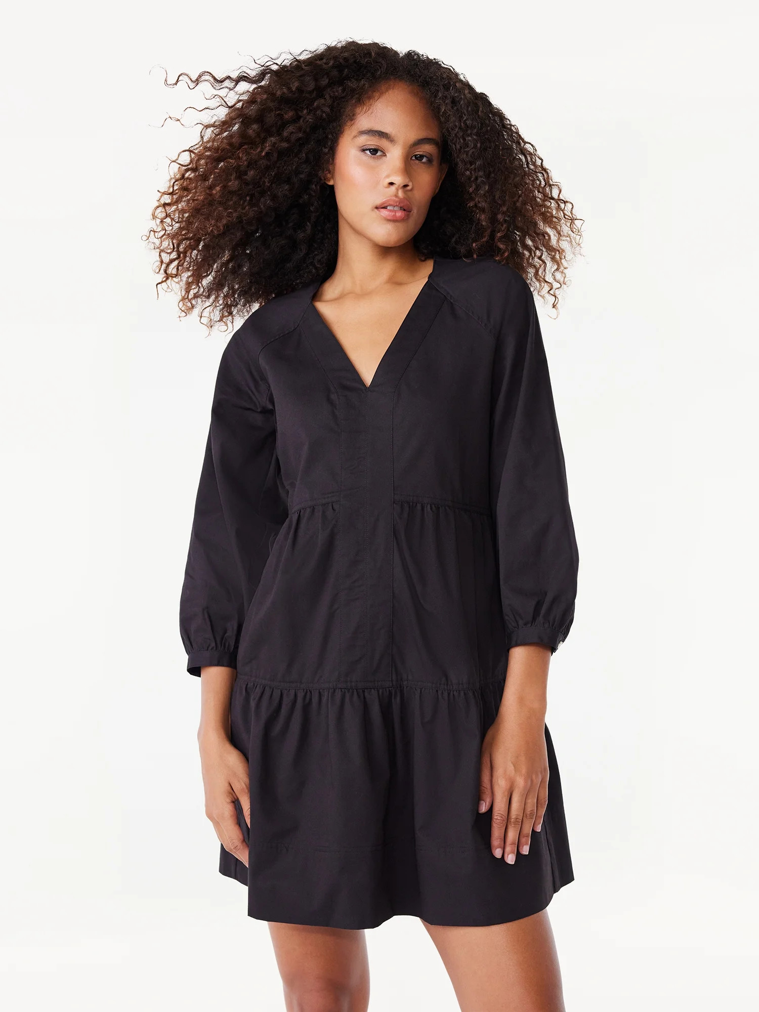Free Assembly Women's Tiered Mini Dress with Long Sleeves, Sizes XS-XXL | Walmart (US)