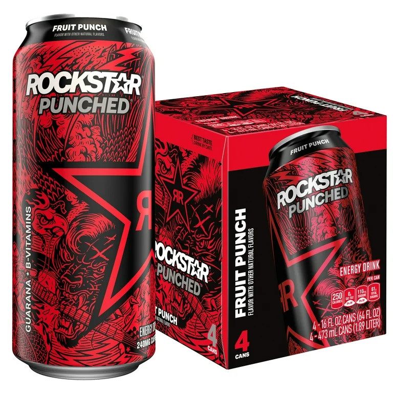 Rockstar Punched Fruit Punch Energy Drink, 16 oz, 4 Pack Cans - Walmart.com | Walmart (US)