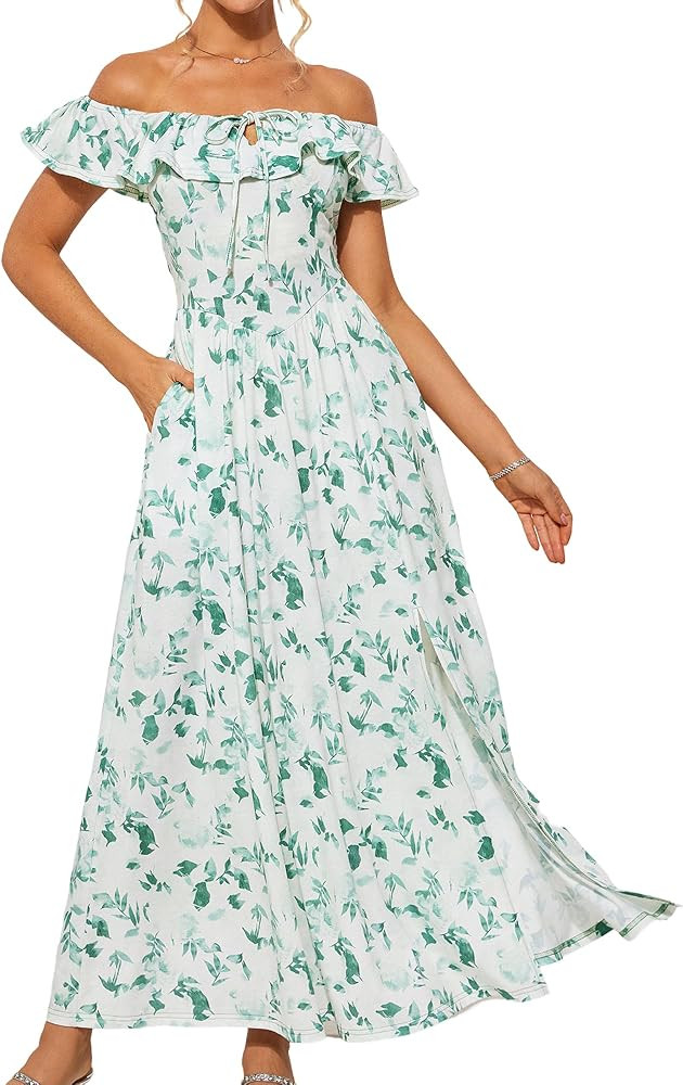 GRACE KARIN 2025 Womens Maxi Dresses Summer Off Shoulder Floral Dress Ruffle Split Beach Flowy Bo... | Amazon (US)