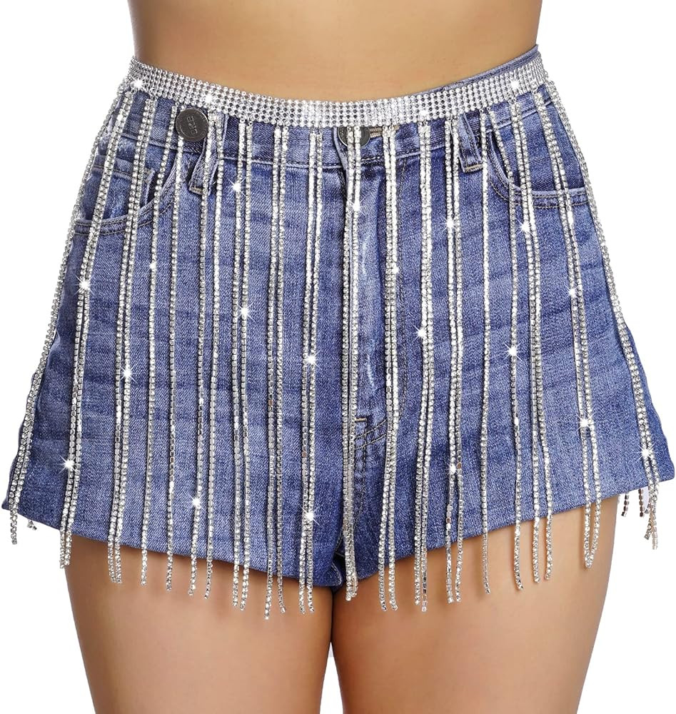 Rhinestone Skirt, hoyuwak Women Crystal Body Chain Skirt Sexy Bling Tassel Fringe Diamond Waist B... | Amazon (US)