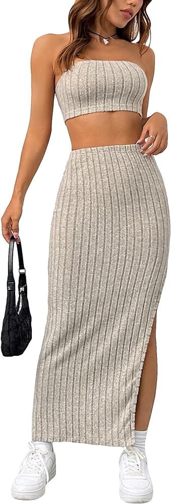 Milumia Women's 2 Piece Outfits Rib Knit Strapless Crop Tube Top and Split Long Skirt Set | Amazon (CA)