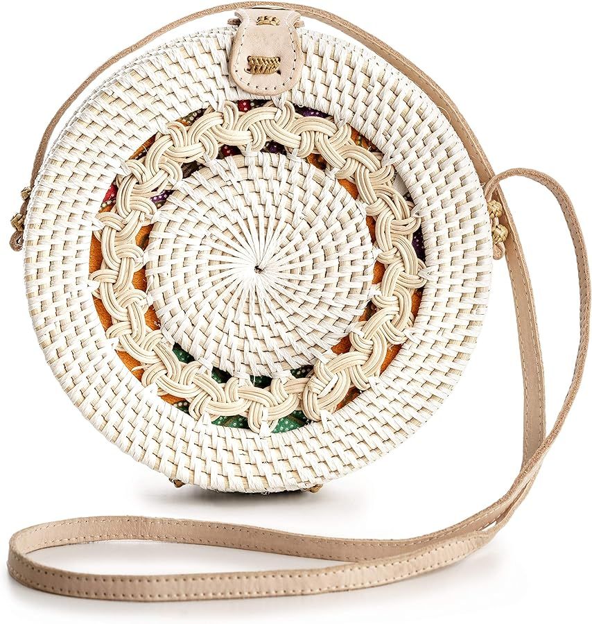 Novum Crafts Round Rattan Bag for Women - Handmade Straw Bags - Wicker Purse - Brown White Circle... | Amazon (US)