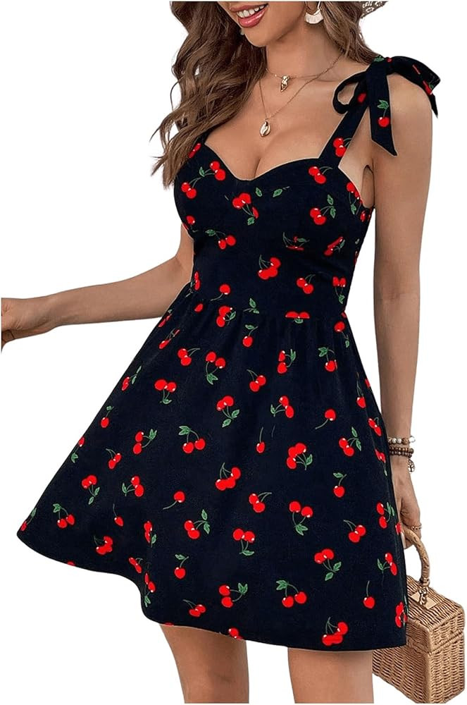 Floerns Women's Cherry Print Tie Shoulder Cami Dress Vacation Flare Hem Boho Dresses | Amazon (US)