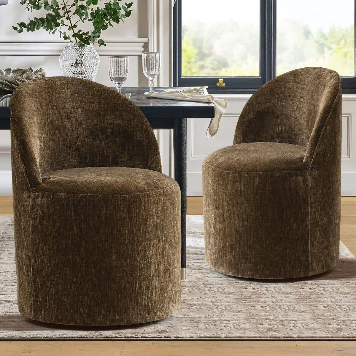 Rolling Chenille Upholstered Swivel Dining Chair With Hidden Casters (Set of 2) | Wayfair North America