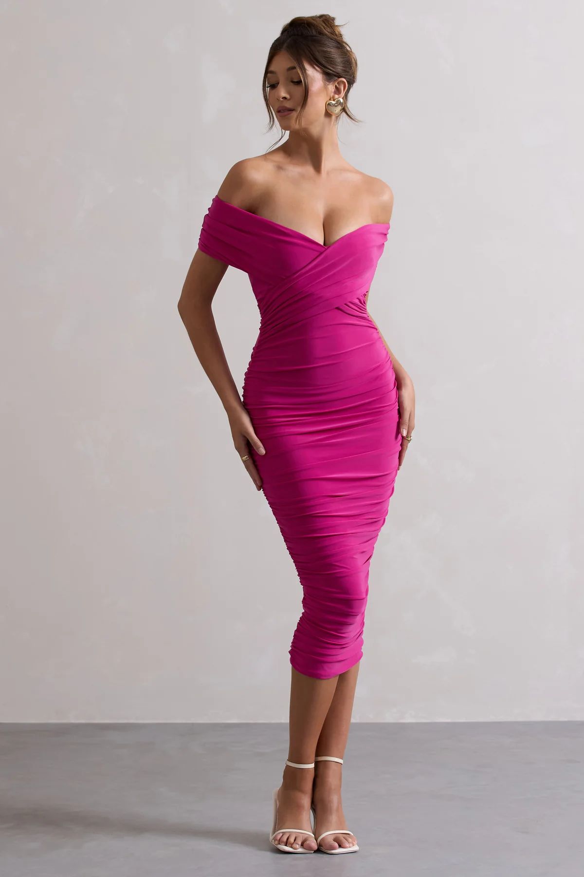 Unwrapped | Dark Pink Ruched Twist Bardot Midi Dress | Club L London