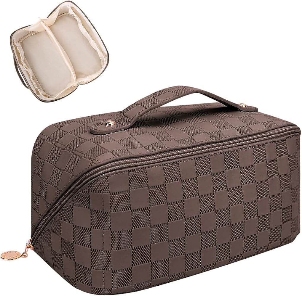 Cessfle Large Capacity Travel Cosmetic Bag, Travel Makeup Bag, Checkered Makeup Bag Open Flat Toi... | Amazon (US)