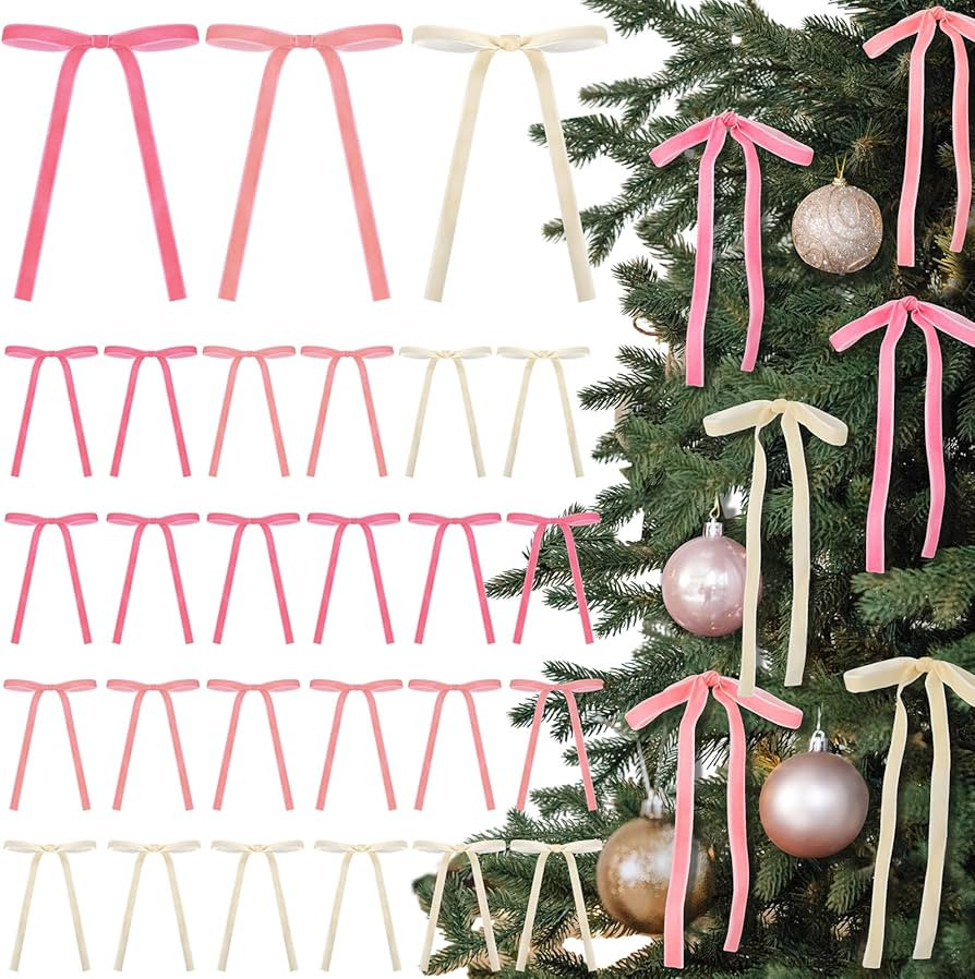 Beige,Pink,Hot Pink 24 Pcs Velvet Bows Christmas Tree Ornaments Valentines Day Bows Decoration fo... | Amazon (US)