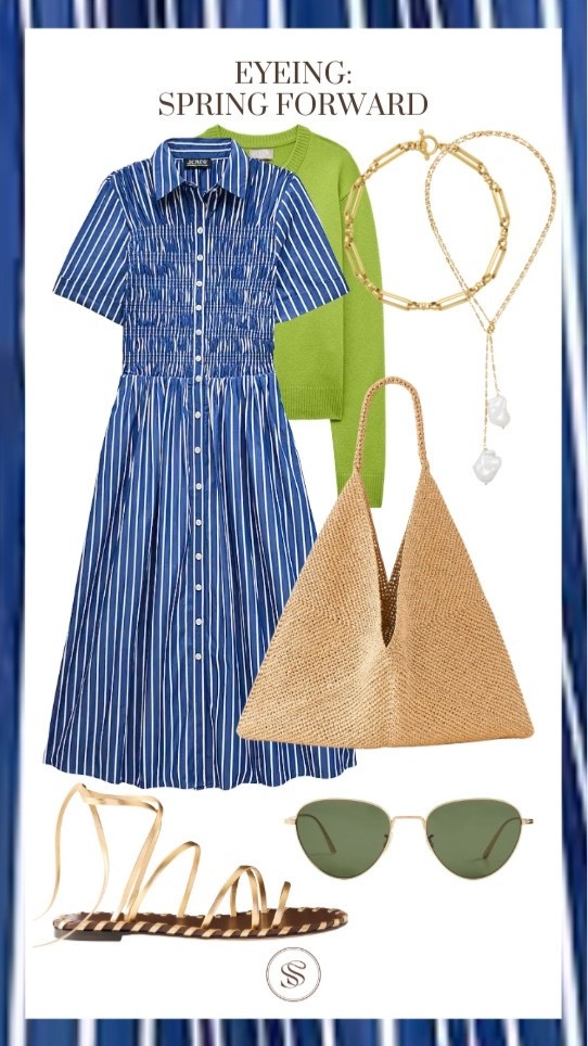 Stripe dress
Raffia bag
Strappy sandal
Gold necklaces 