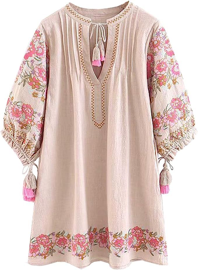 R.Vivimos Women's Autumn 3/4 Sleeve Cotton Linen Floral Embroidery Casual Tunic Dresses | Amazon (US)
