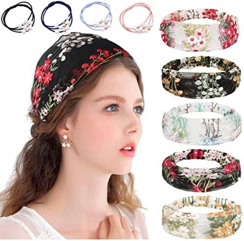 MAHAN 5 Pack Wide Edge Embroidered Floral Lace Headbands for Women, Elastic Pressed Hair Covers for  | Amazon (US)
