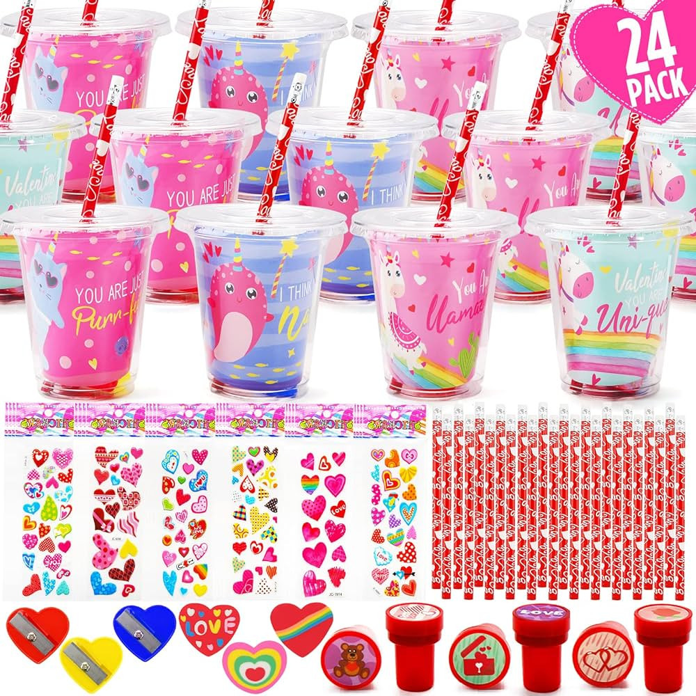 Valentines Day Gifts for Kids - 24 Pack Valentines Day Stationery Gift with Cards Pencils Sticker... | Amazon (US)
