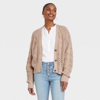 Women&#39;s Button-Front Cable Stitch Cardigan - Universal Thread&#8482; Taupe S | Target