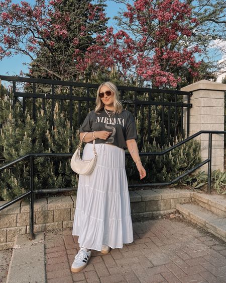 Midsize spring to summer outfit - graphic tee (sized up to XL for an oversized fit), white maxi skirt (L), adidas sambas 


#LTKmidsize #LTKspring #LTKcanada