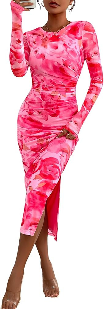 CFLONGE Long Sleeve Dress for Women Floral Print Ruched Wedding Guest Maxi Dresses Tight Fitted C... | Amazon (US)