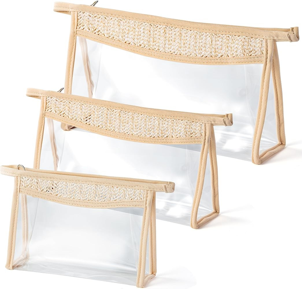 3 Pack Boho Clear Toiletry Bag Clear Makeup Bag Varsity Letter Travel Cosmetic Bag Beige Transpar... | Amazon (US)