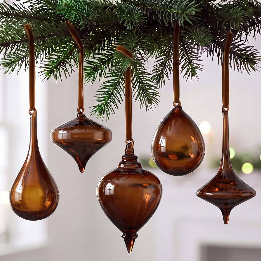 Seenelling 5 Pcs Brown Christmas Glass Finial Ornaments for Xmas Tree Decor | Amazon (US)