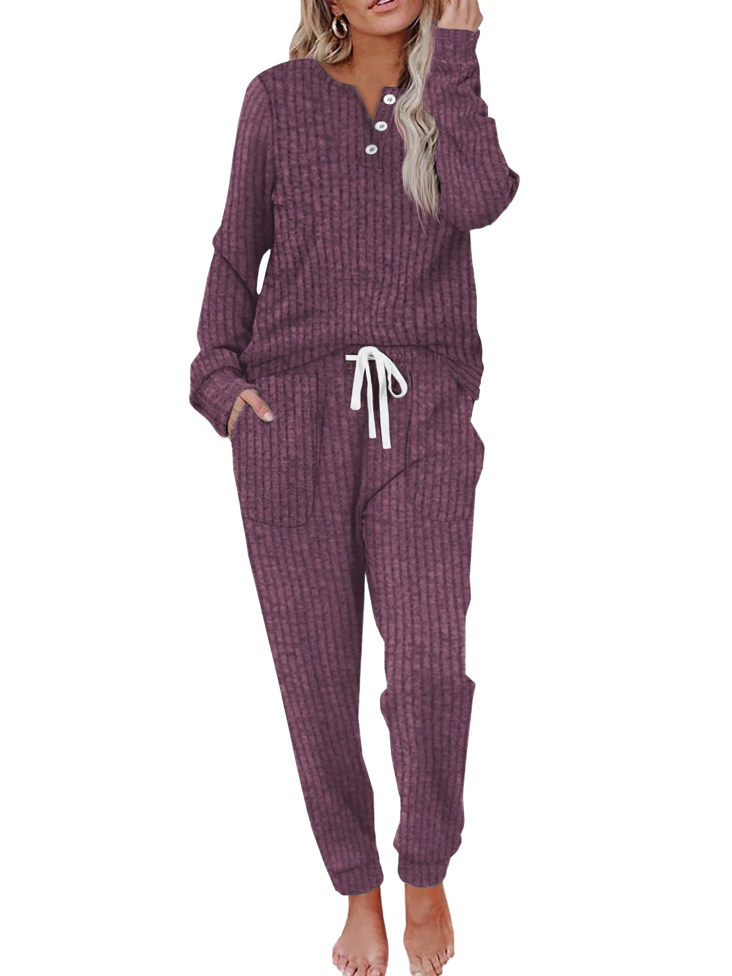 MOSHU Two Piece Womens Pajama Sets Button Down Shirts and Drawstring Pants with Pockets Solid Lou... | Walmart (US)