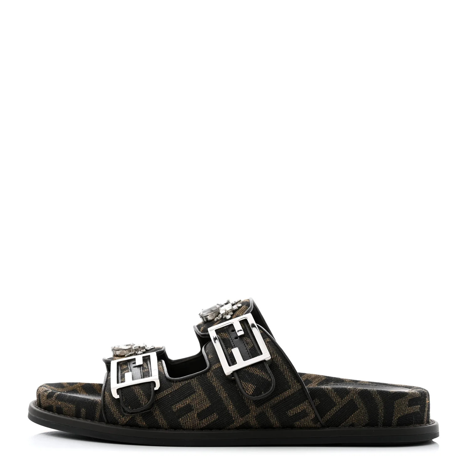 Fabric Jacquard Crystal FF Womens Fendi Feel Buckled Slide Sandals 38 Tobacco Black | FASHIONPHILE (US)