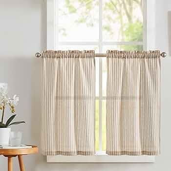 Vangao Stripe Farmhouse Kitchen Curtains 24 Inch Length Linen Cafe Curtains Tickingstripe Tier Cu... | Amazon (US)