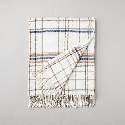 Thin Stripe Plaid with Twisted Fringe Throw Blanket Cream/Navy/Brown - Hearth &#38; Hand&#8482; w... | Target
