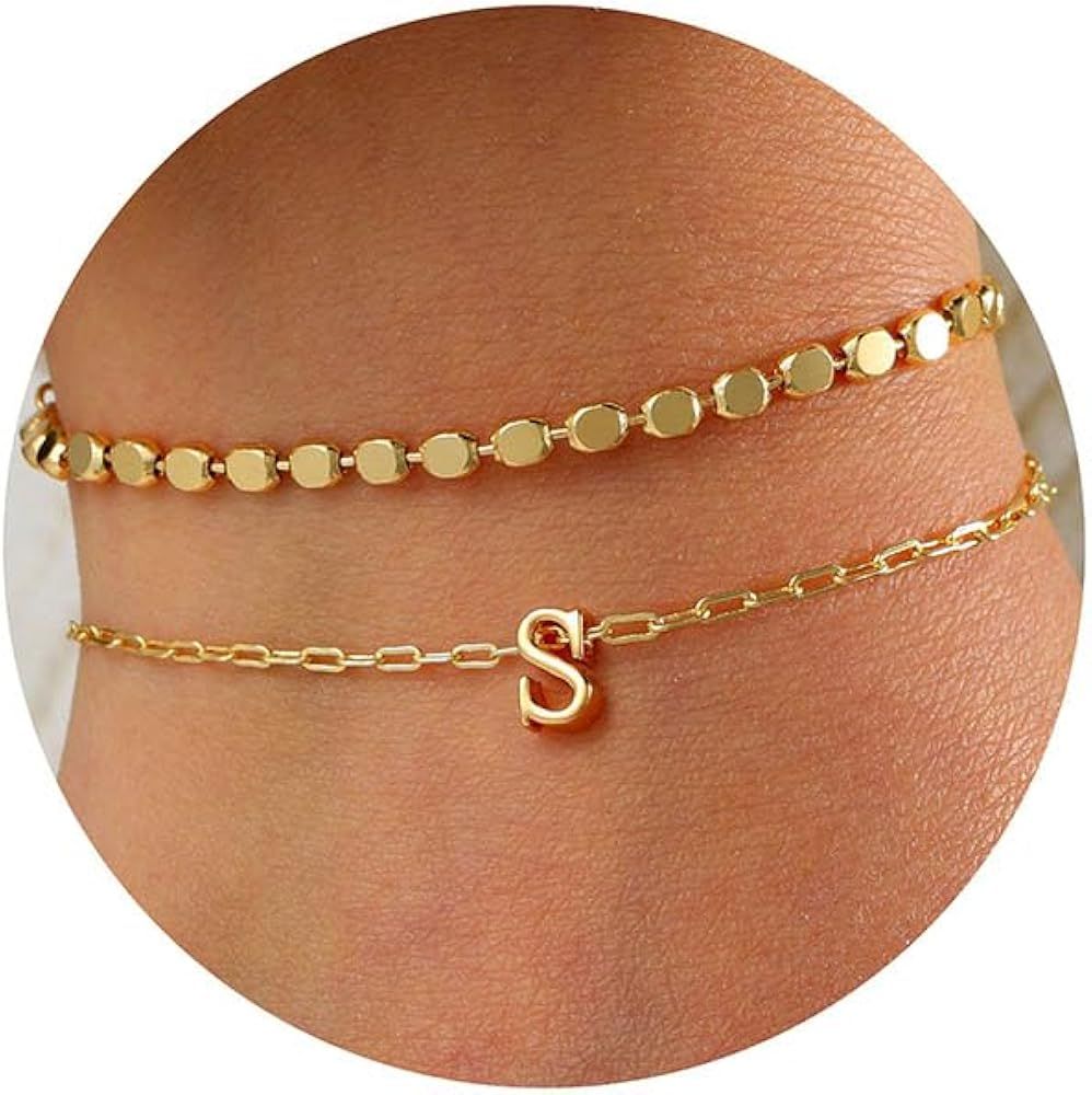 Turandoss Gold Initial Bracelets for Women Girls - Solid Gold Over Layered Bracelets for Women Te... | Amazon (US)