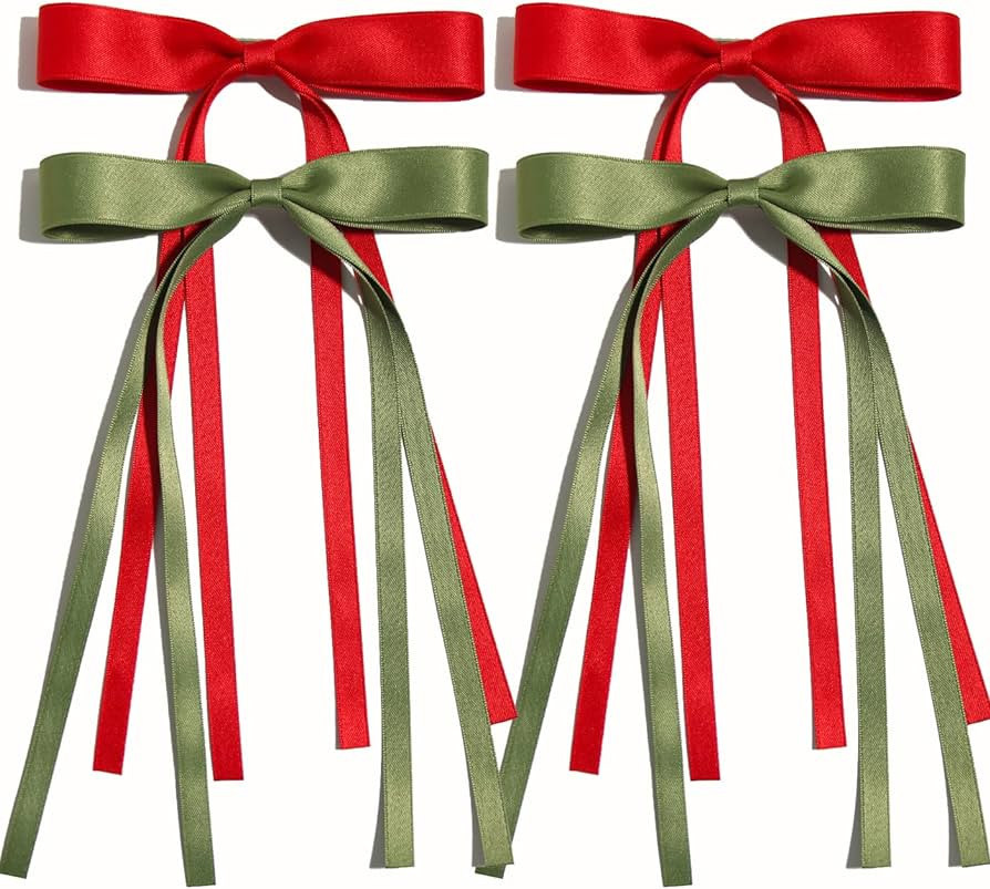 4pcs Hair Clips for Women Tassel Ribbon Bowknot Hair Clips with Long Tail, Women Hair Clip for Girl, Solid Hair Clips Long Hair Accessories Barrettes Claw Hair Clips with Bow (Red Green) | Amazon (US)