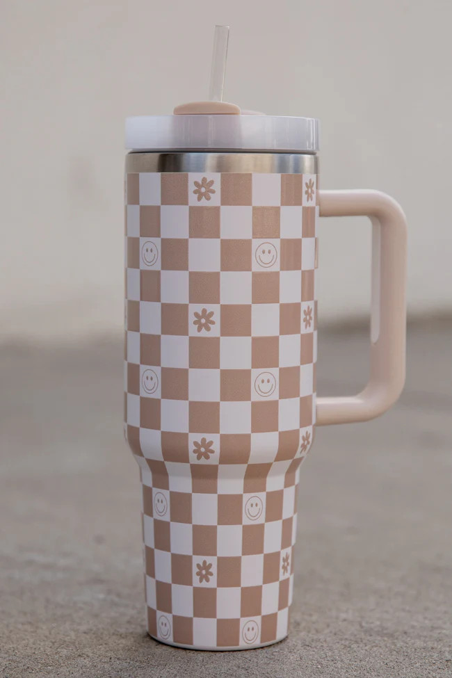 Sippin' Pretty Neutral Smiley and Daisy Checkered 40oz Drink Tumbler With Lid And Straw | Pink Lily