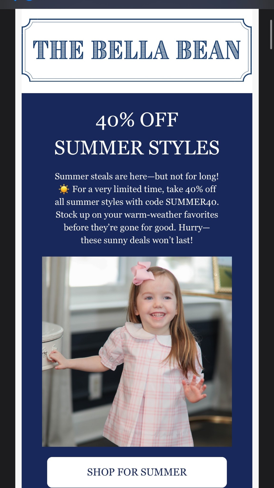 40% off summer styles at Bella Bean! They have a ton of just good basic jons jons and bubbles. 