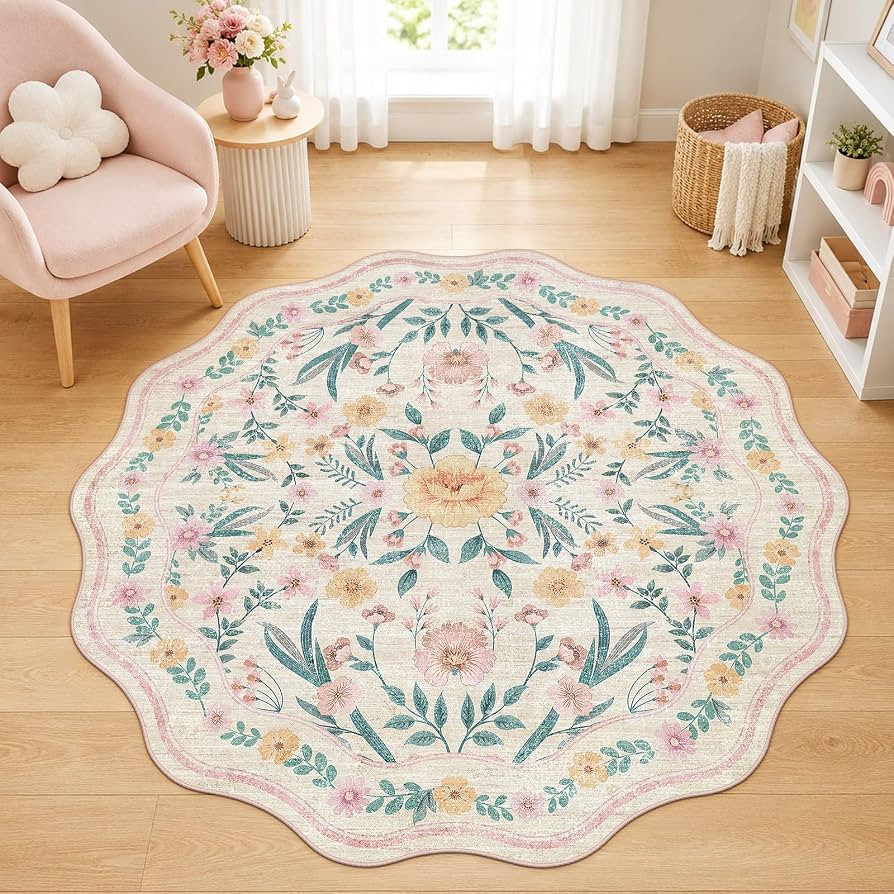 Round Floral Rug 6ft, Washable Non Slip Rug Fof Living Room,Pink | Amazon (US)