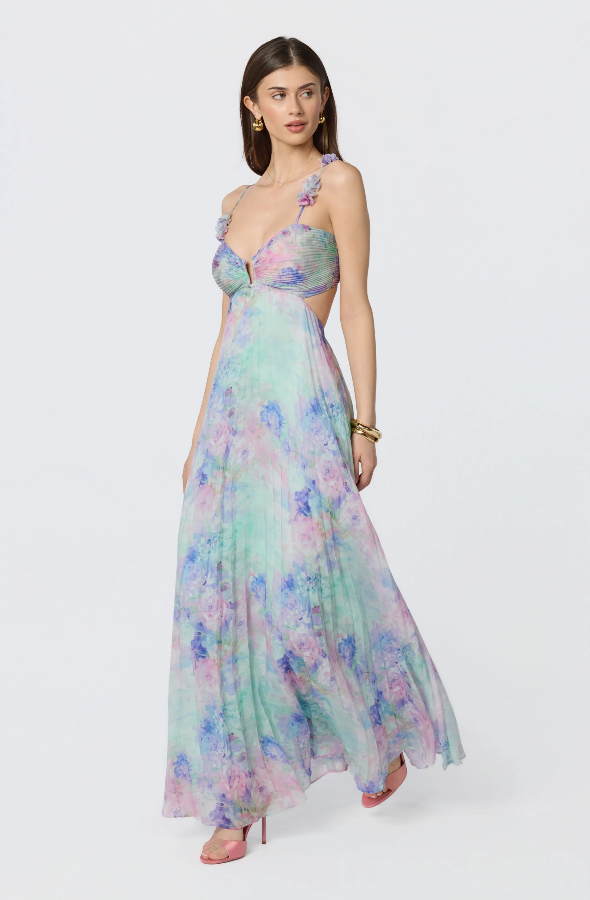 Emese Floral Cutout Maxi Dress - Pink purple floral / M | ASTR The Label (US)