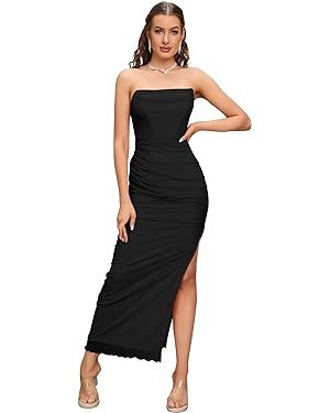 XinFSh Women's Strapless Bodycon Ruched Dresses Vintage Open Back Boned Corset Wedding Guest Dres... | Amazon (US)