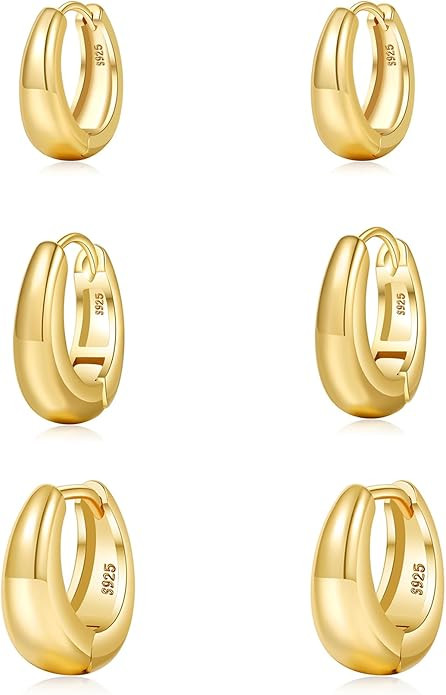 Small Hoop Earrings Set for Women,Trendy 14K Gold Plated Sterling Silver Small Chunky Hoops Earri... | Amazon (US)