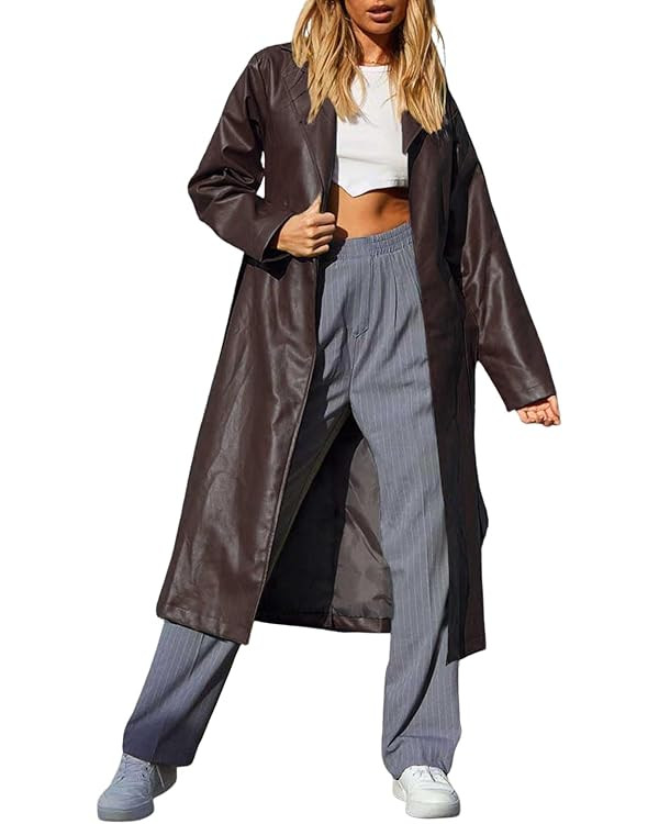 chouyatou Women's Casual Lapel Open Front Pu Faux Leather Long Trench Coat with Belt | Amazon (US)