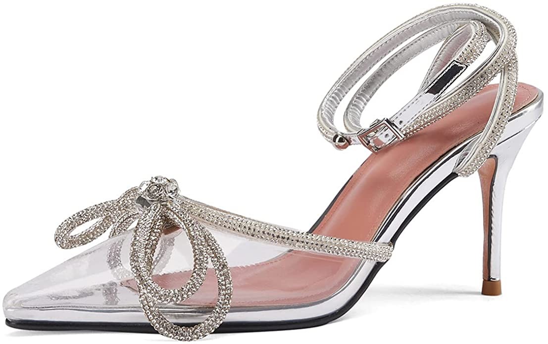 ARQA Women's Rhinestone Ankle Strap Pumps Satin Pointy Stilettos Backless Kitten Heels Wedding Dr... | Amazon (US)