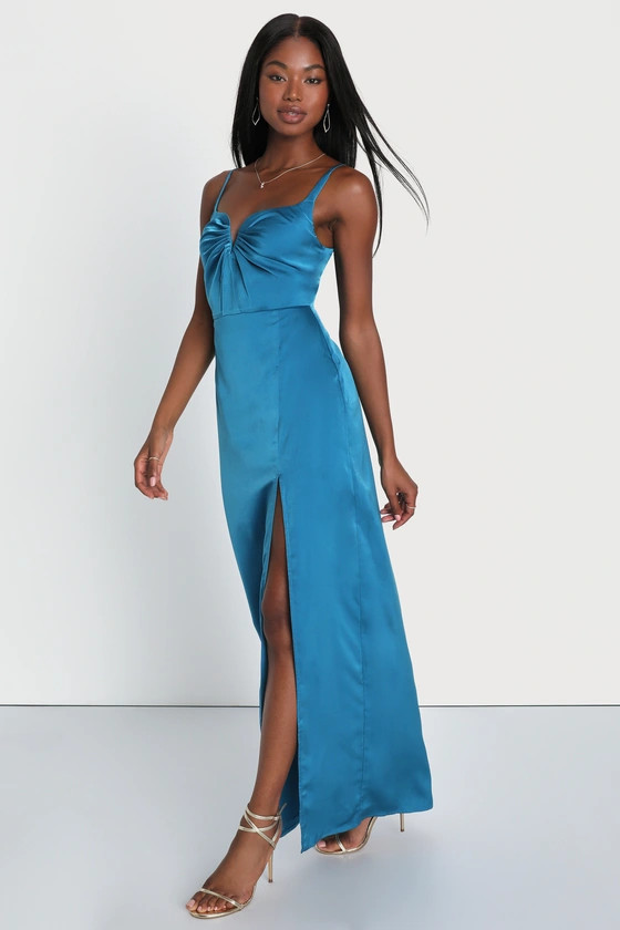 Lovely Drama Blue Satin Sleeveless A-Line Maxi Dress | Lulus (US)