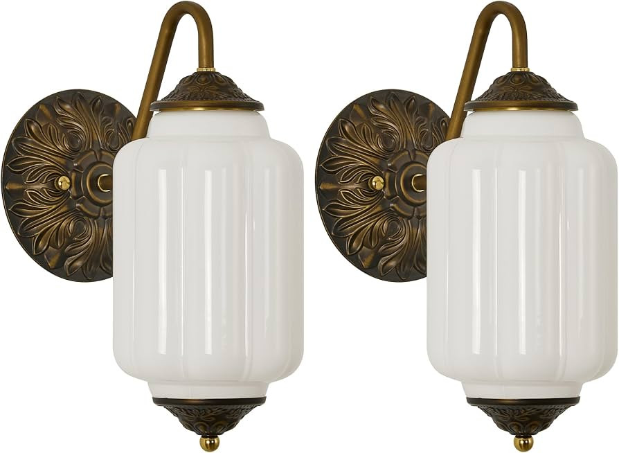Vintage Milk Glass Wall Sconce - Set of 2 White Dimmable Wall Mount Lighting with Bulbs - Antique... | Amazon (US)