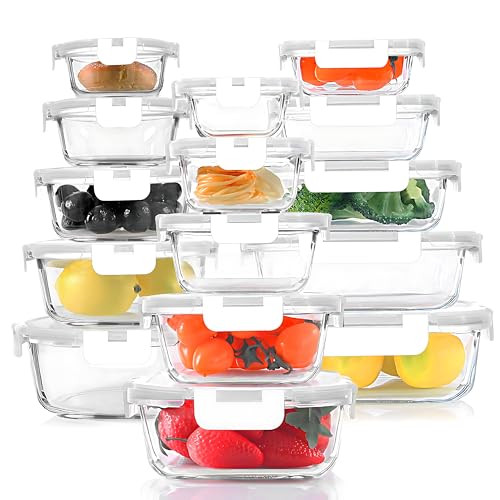 KOMUEE 30 Pieces Glass Food Storage Containers Set, Glass Meal Prep Containers Set with Snap Locking Lids, Airtight Glass lunch Containers, Microwave, Oven, Freezer & Dishwasher,White | Amazon (US)