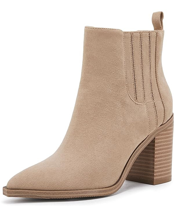 Womens Ankle Boots Slip on Pointed Toe Chunky Block Mid Heel Leather Elastic Panel Casual Chelsea... | Amazon (US)