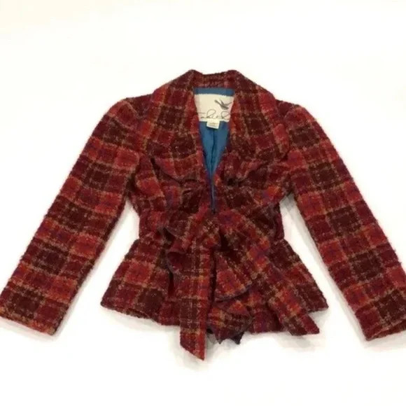 Anthropologie TABITHA Moretown Jacket in Red Plaid size  2 ruffled front | Poshmark