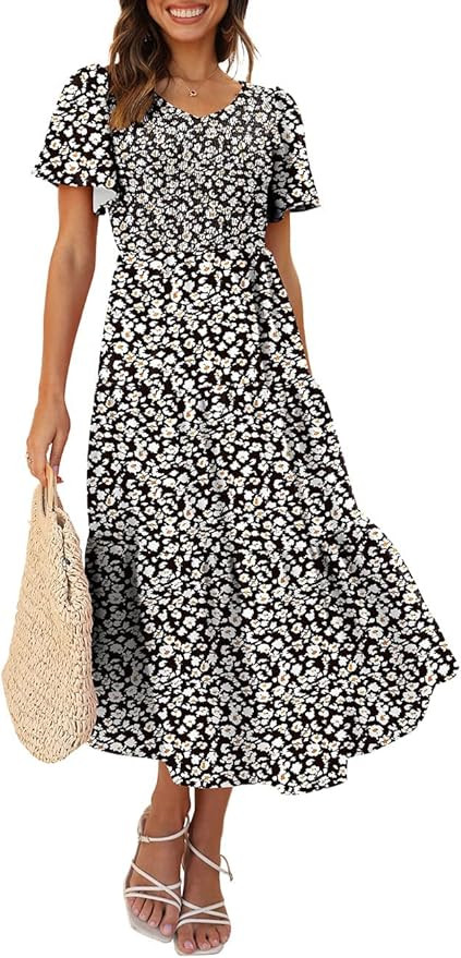 WEESO Women's 2024 Summer Casual Flutter Short Sleeve V Neck Smocked Elastic Waist Tiered Midi Dr... | Amazon (US)