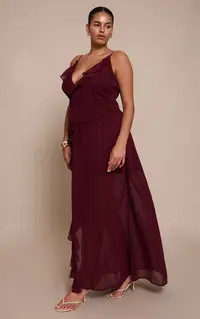 Wine Chiffon Frill Plunge Strappy Maxi Dress | PrettyLittleThing USA | PrettyLittleThing US