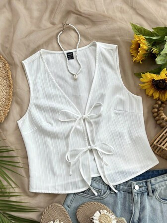 SHEIN WYWH Women's White Textured Woven Tie Front Casual Camisole Top, Layering Piece | SHEIN