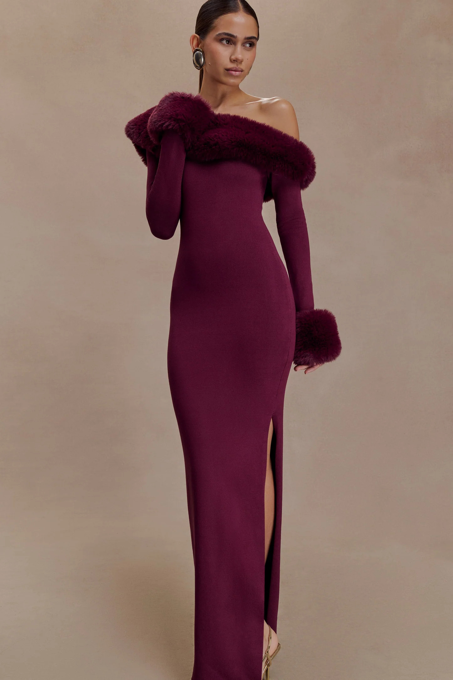 Karleigh Faux Fur Knit Maxi Dress - Plum | MESHKI US