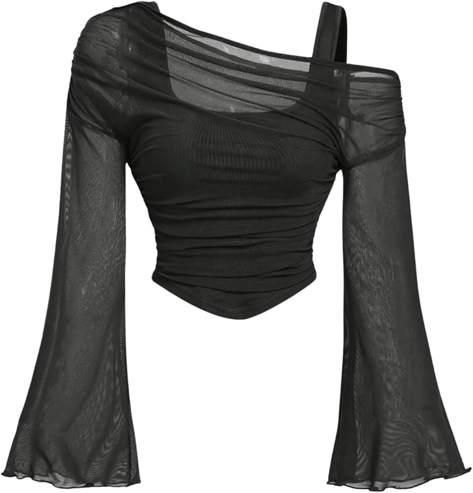 BEAUDRM Women's Y2K Off The Shoulder Tops Long Bell Sleeve Mesh Shirt Ruched Crop Top Rave Clubwe... | Amazon (US)