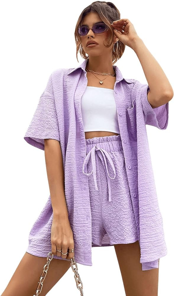 SweatyRocks Women's 2 Piece Outfits Button Front Half Shoulder Blouse and Paperbag Waist Shorts S... | Amazon (US)